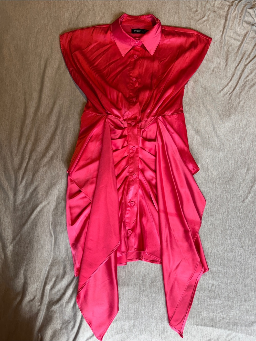 Etiquette Clothiers Hot Pink Satin Draped Shirt Dress